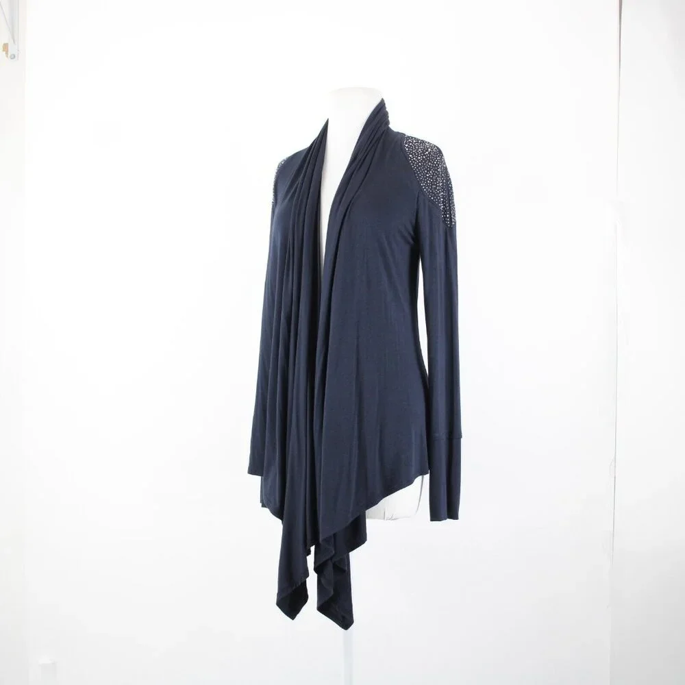 S Twelve $59 Sz M Navy Blue Gunmetal Studded Shoulders Collared Rayon Wrap - Picture 14 of 16